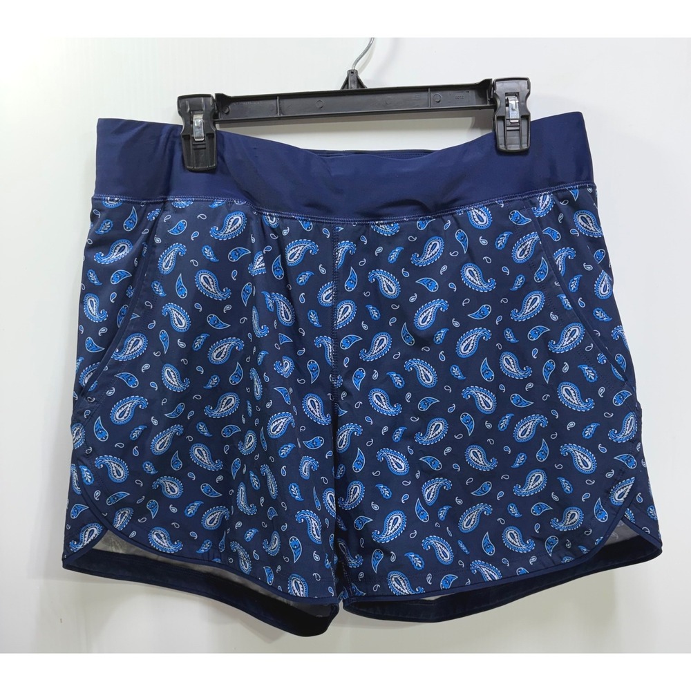 Lands End Womens Navy Blue Paisley Swim Shorts Built-in Liner Pockets Size 12